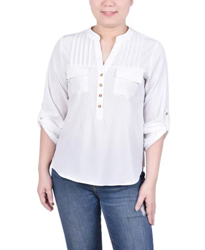 Ny Collection Petite Long Tab-sleeve Blouse With Pockets In Ivory