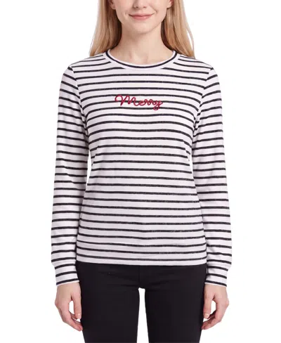 Ny Collection Women's Long-sleeve Crewneck Embroidered T-shirt In Ivory Black Stripe