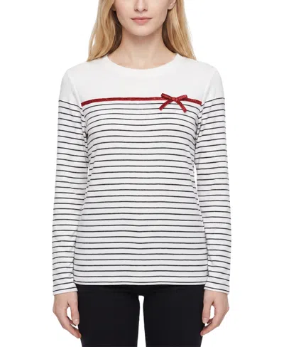 Ny Collection Women's Long-sleeve Metallic-ribbon Bow T-shirt In Ivory Black Stripe