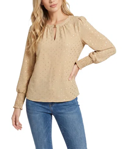 Ny Collection Women's Metallic Dots Smocked Cuffs V-neck Blouse In Doeskin Gold