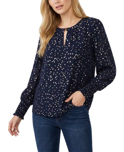 Ny Collection Women's Metallic Dots Smocked Cuffs V-neck Blouse In Evening Blue
