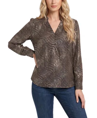Ny Collection Women's Metallic-print Ruched-shoulder V-neck Long-sleeve Blouse In Dark Brown