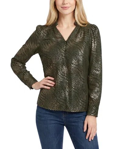 Ny Collection Women's Metallic-print Ruched-shoulder V-neck Long-sleeve Blouse In Winter Mos