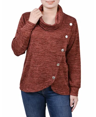 Ny Collection Petite Size Long Sleeve Overlapping Cowl Neck Top In Brown