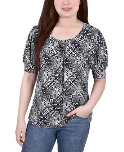 Ny Collection Petite Size Short Sleeve Balloon Sleeve Top In Black White Boxes