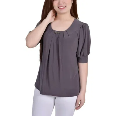 Ny Collection Women's  Tunic Top P Charcoal Balloon Short Sleeve Fts91 In Brown