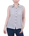 Ny Collection Women's Petite Sleeveless Notch Collar Button Front Blouse In White Black Dot