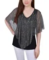 Ny Collection Women's Pleated Mesh Poncho With Foil Top In Gray,gold-tone