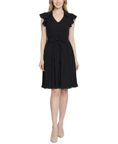 Ny Collection Women's Plisse Pleated Short-sleeve Dress In Black