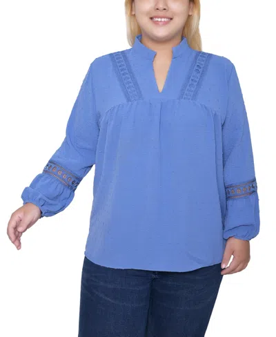 Ny Collection Women's Plus Size Crochet Trim Long Sleeve Blouse Top In Blue