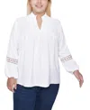 Ny Collection Women's Plus Size Crochet Trim Long Sleeve Blouse Top In White