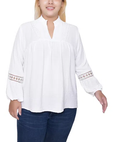 Ny Collection Women's Plus Size Crochet Trim Long Sleeve Blouse Top In White