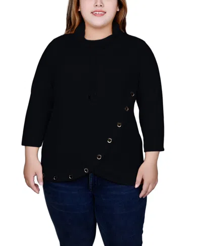 Ny Collection Women's Plus Size Grommet Hem 3/4 Sleeve Top In Black