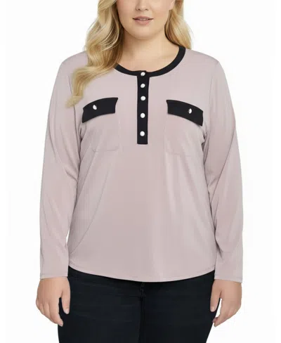 Ny Collection Women's Plus Size Long Sleeve Contrast Detail Top In Multi
