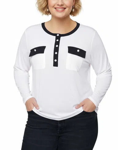 Ny Collection Women's Plus Size Long Sleeve Contrast Detail Top In Multi