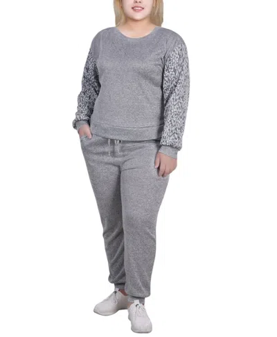 Ny Collection Women's Plus Size Long Sleeve Jogger Set In Gray