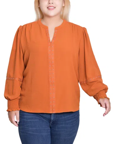 Ny Collection Women's Plus Size Long Sleeve Studded Blouse In Orange