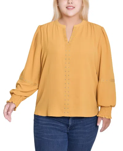 Ny Collection Women's Plus Size Long Sleeve Studded Blouse In Yellow