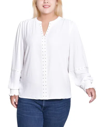 Ny Collection Women's Plus Size Long Sleeve Studded Blouse In White