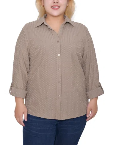 Ny Collection Women's Plus Size Long Sleeve Textured Knit Top In Brown