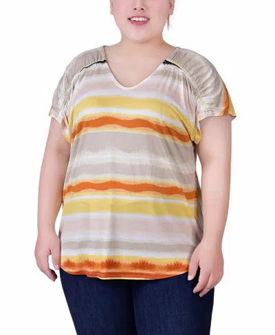 Ny Collection Women's Plus Size Short Sleeve Striped V Neck Top In Multi