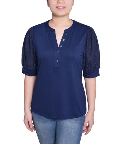 Ny Collection Women's Puff Elbow Sleeve Top In Blue