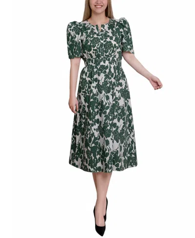 Ny Collection Women's Puff Sleeve Poplin Dress In Green Ivory Floral