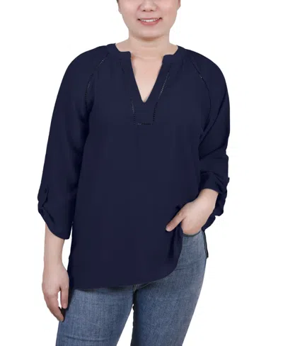 Ny Collection Women's Raglan Sleeve Split Neck Blouse Top In Navy