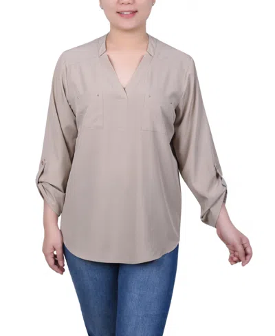 Ny Collection Women's Roll Tab Sleeve Blouse With Pockets In Oxford Tan
