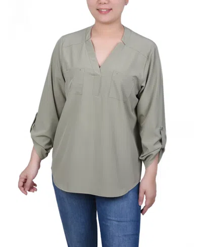 Ny Collection Women's Roll Tab Sleeve Blouse With Pockets In Tea