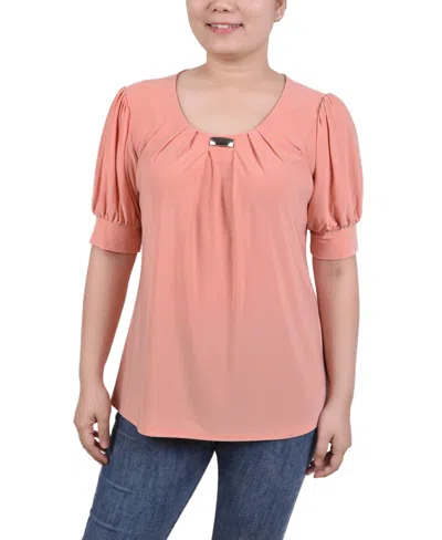 Ny Collection Petite Short Sleeve Balloon Sleeve Top In Mellow Rose