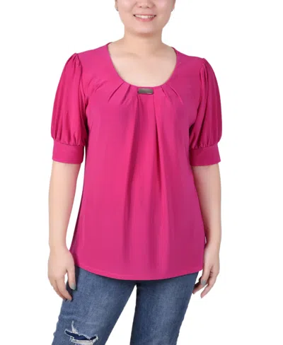 Ny Collection Women's Short Balloon Sleeve Top With Hardware In Pink
