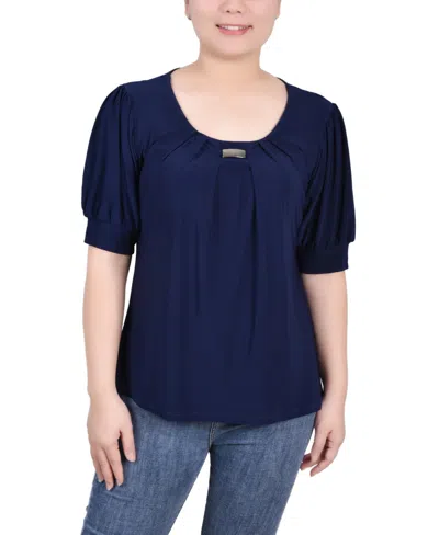 Ny Collection Women's Short Balloon Sleeve Top With Hardware In Blue