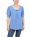 Ny Collection Women's Short Balloon Sleeve Top With Hardware In Silver Lake Blue