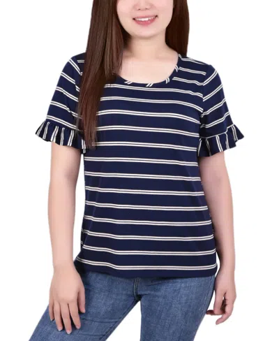 Ny Collection Women's Short Bell Sleeve Top In Navy Double Stripe