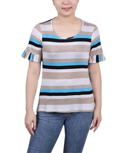 Ny Collection Women's Short Bell Sleeve Top In Turquoise Multi Stripe