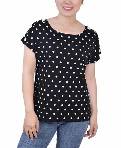 Ny Collection Women's Short Extended Sleeve Top In Black White Dot