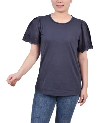 Ny Collection Women's Short Eyelet-cut-out Sleeve Scoop Neck Top In Charcoal