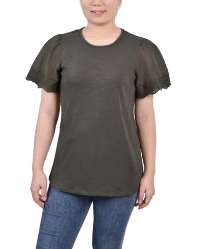 Ny Collection Women's Short Eyelet-cut-out Sleeve Scoop Neck Top In Forest Night