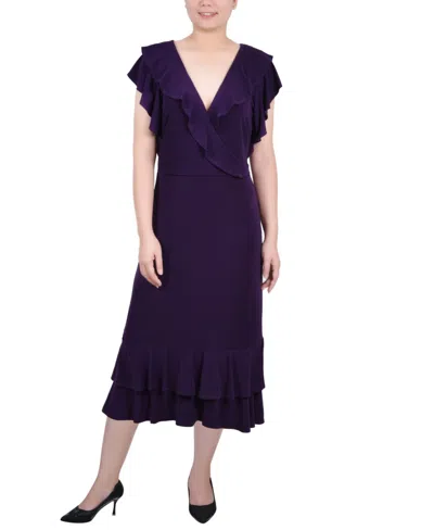 Ny Collection Women's Short Flutter Sleeve Ruffle Neck Dress In Blue