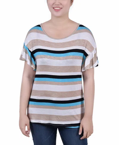 Ny Collection Women's Short Flutter Sleeve Top In Turquoise Multi Stripe