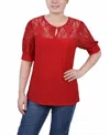 Ny Collection Petites Womens Keyhole Lace Trim Blouse In Jester Red