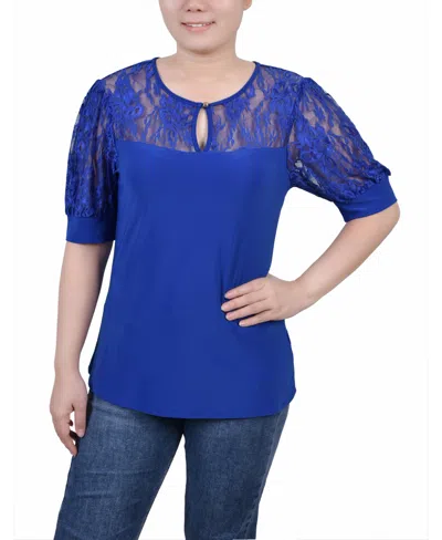 Ny Collection Petites Womens Keyhole Lace Trim Blouse In Blue