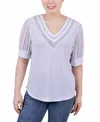 Ny Collection Petite Size Short Puff Sleeve V-neck Top In White