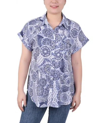 Ny Collection Women's Short Rolled Sleeve Button Front Blouse In Blue Festtribal