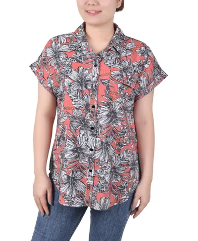 Ny Collection Petite Short Rolled Sleeve Button Front Blouse In Red Maui Breeze
