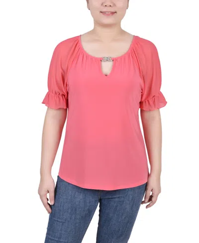 Ny Collection Women's Short Ruffle Sleeve Top With Rhinestones In Calypso Coral