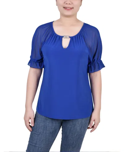 Ny Collection Petite Short Ruffle Sleeve Rhinestones Top In Surf The Web