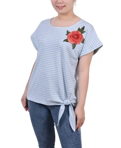 Ny Collection Women's Short Sleeve Embroidered Tie Front Top In Blue White Stripe
