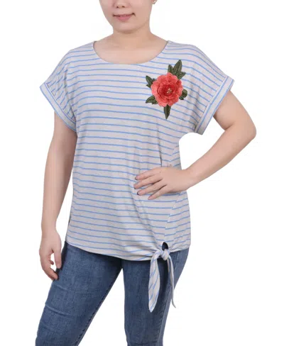 Ny Collection Women's Short Sleeve Embroidered Tie Front Top In Oatmeal Blue Stripe